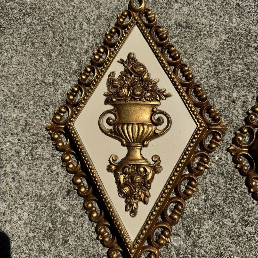 Vtg HOMCO Roman Gold Diamond Shaped Wall Plaques Ornate MCM Set Of 4